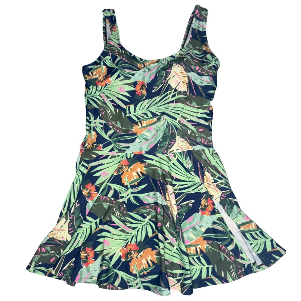 Shore Shapes Tropical Palm Print Swim Dress One Piece Swimsuit Navy Green 10 - Picture 2 of 11